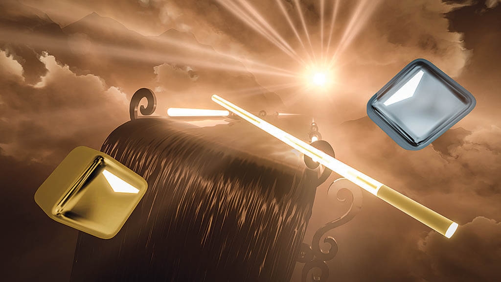 The VR rhythm game Beat Saber involves slicing through cubes to the beat of popular hits from artists like Billie Eilish, available in DLC releases. Beat Saber has sold more than 4 million copies across all VR platforms and earned more than $100 million in total revenue. (Image courtesy of Beat Games and Oculus Studios/Meta)