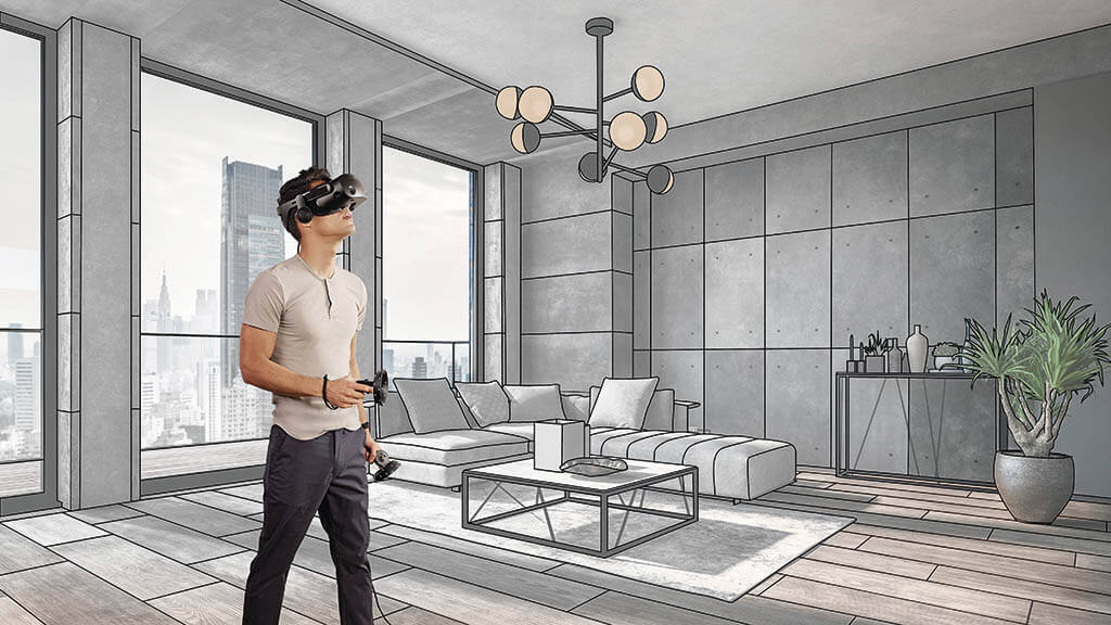 You may find yourself in a digital living room using a HP Reverb G2 VR headset, which boasts a resolution of 2,160 x 2,160 pixels per eye and a 114-degree field of view. (Image courtesy of Hewlett Packard)