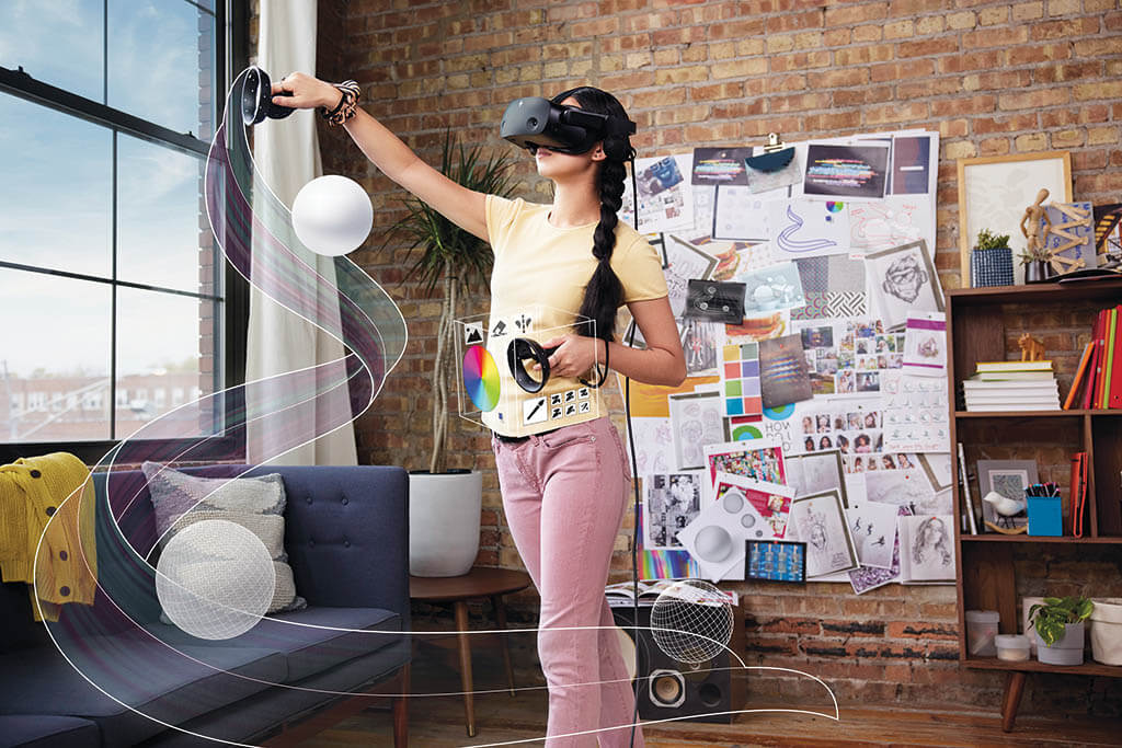 Hewlett Packard’s HP Reverb G2 VR headset with handheld controllers. (Image courtesy of Hewlett Packard)