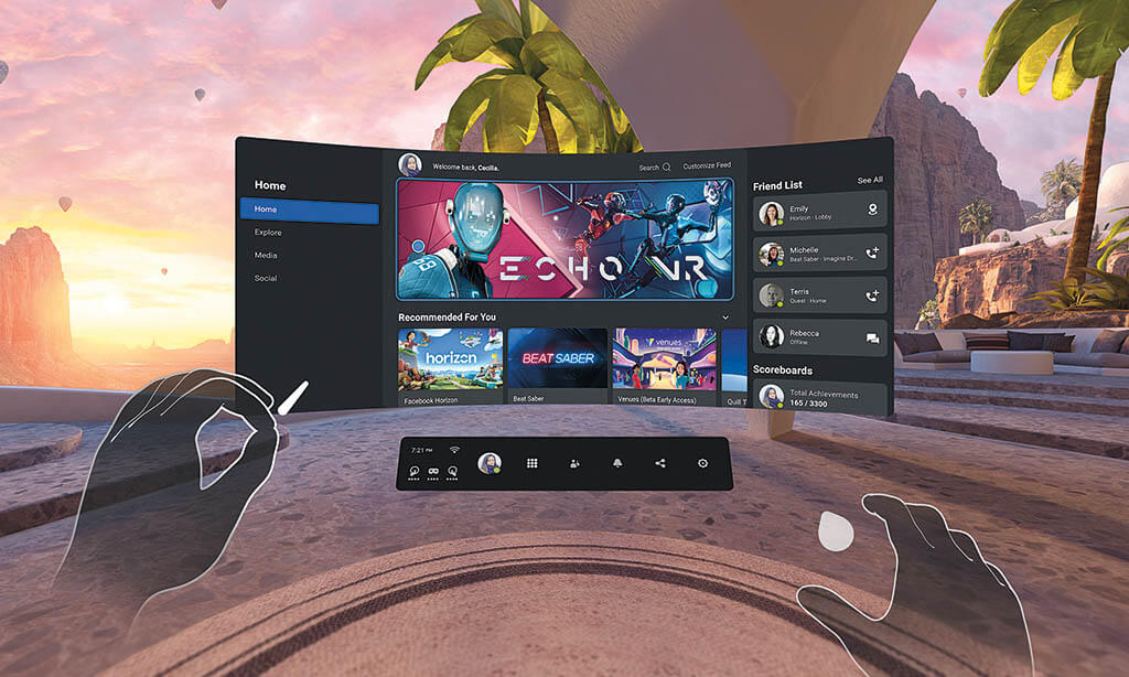 A “home environment” view inside the standalone Oculus (now Meta) Quest 2 headset. More than 10 million Quest 2s had been sold as of November, according to estimates. (Image courtesy of Oculus Studios and Facebook/Meta)