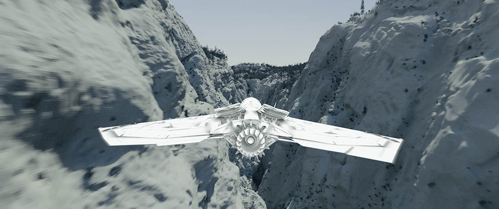 Older Adam pilots a time jet through a CGI canyon. Much of that environment was digitally created, including a digital valley, a digital rock surface and a digital cave. 