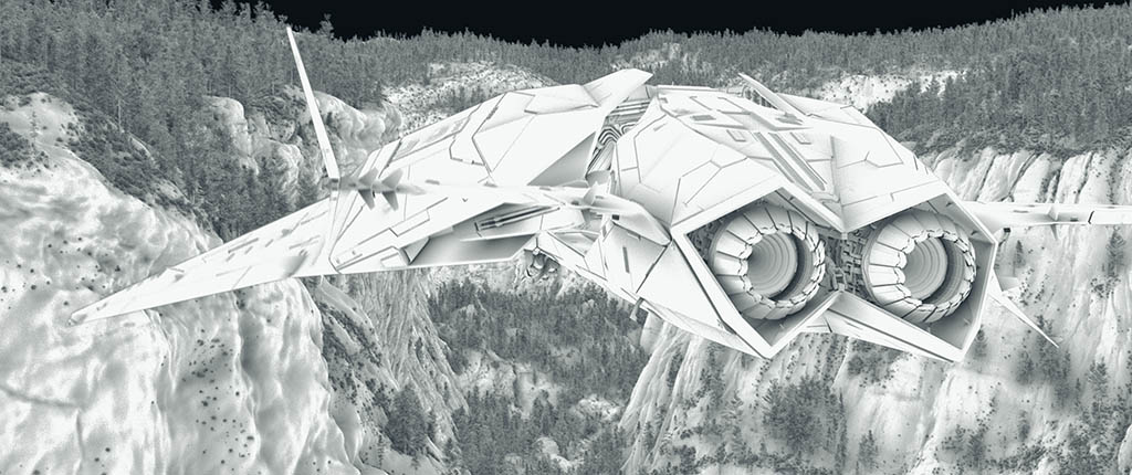 Closeup of a time jet in the canyons. DNEG was tasked with adding extra detailing to the time jet exteriors and their cockpits. 