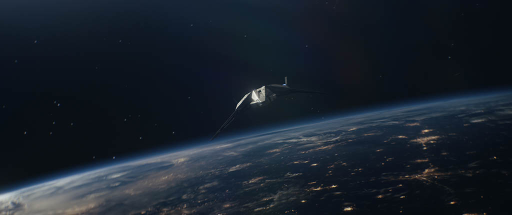 The time jets needed to project velocity and urgency when leaving Earth’s environment. Vibration and camera shake were added to Adam’s jet to give the chase a more frantic feel.