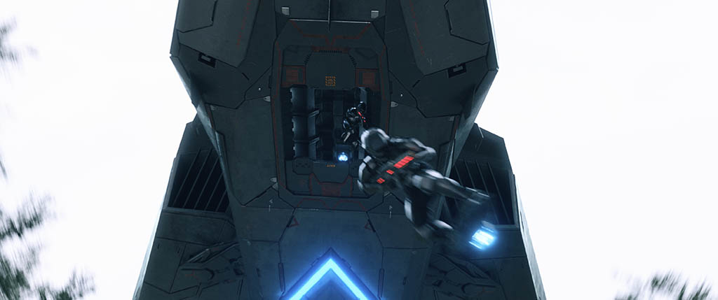 Time soldiers drop from the jet of Sorian (Catherine Keener) and begin pursuit on hoverboards. Stunt actors in time soldier outfits were digitally scanned on set, with the data used to create digital versions.