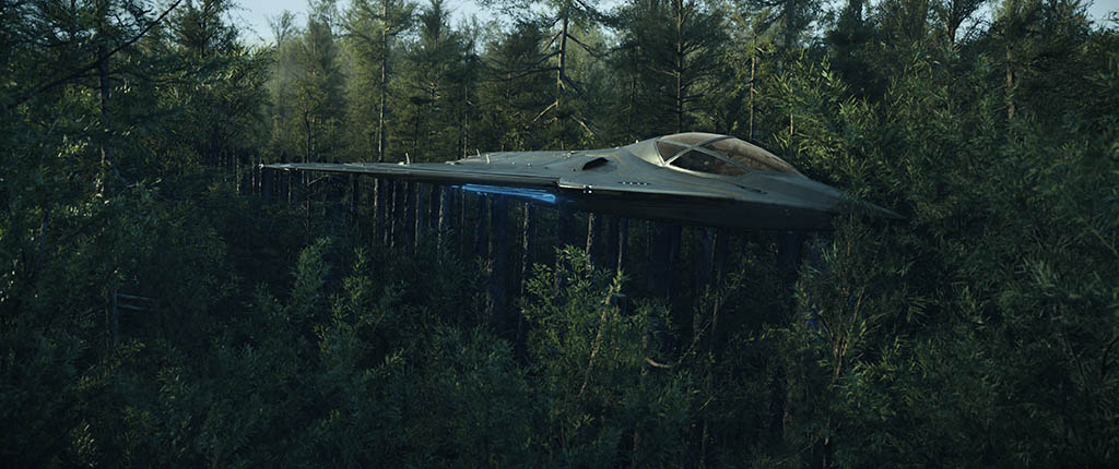 A time jet in pursuit of the GMC Jimmy in the forest. DNEG had to replace forest, build forest extensions and blend it all with existing plate material. 