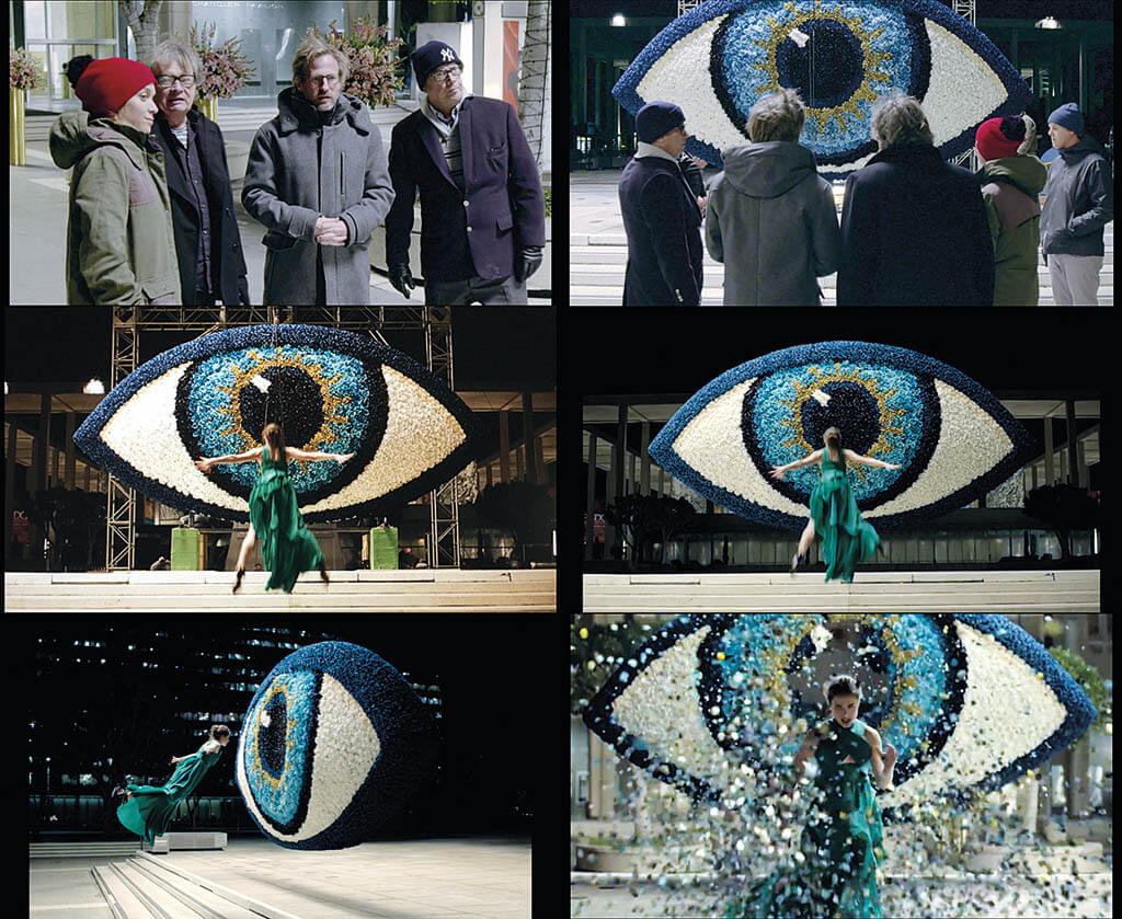 A contact sheet for Kenzo World, a 2016 short film by Spike Jonze. Upper left, Ralla talking with Jonze, First Assistant Director Thomas Patrick Smith and Production Designer K.K. Barrett about launching actor Margaret Qualley through the eye for Kenzo World.