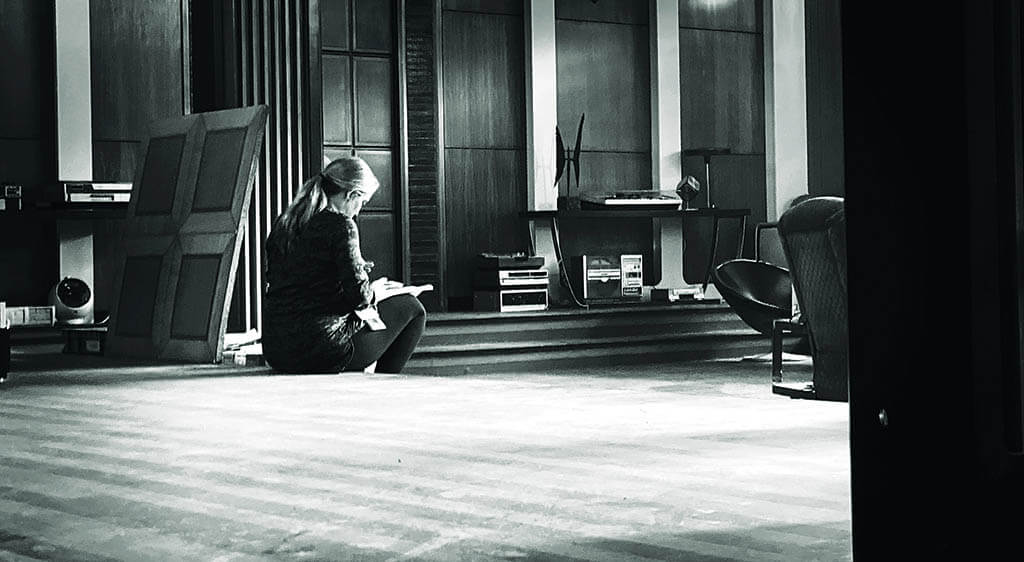 A rare quiet moment during reshoots for Black Widow in 2020 while nine months pregnant.