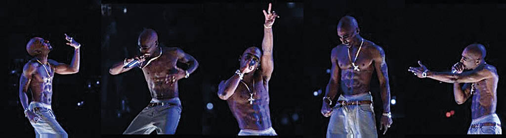 A contact sheet demonstrating the various poses of the projected hologram of Tupac at Coachella. It took Ralla and the Digital Domain team six weeks to create the almost six-minute “performance.”