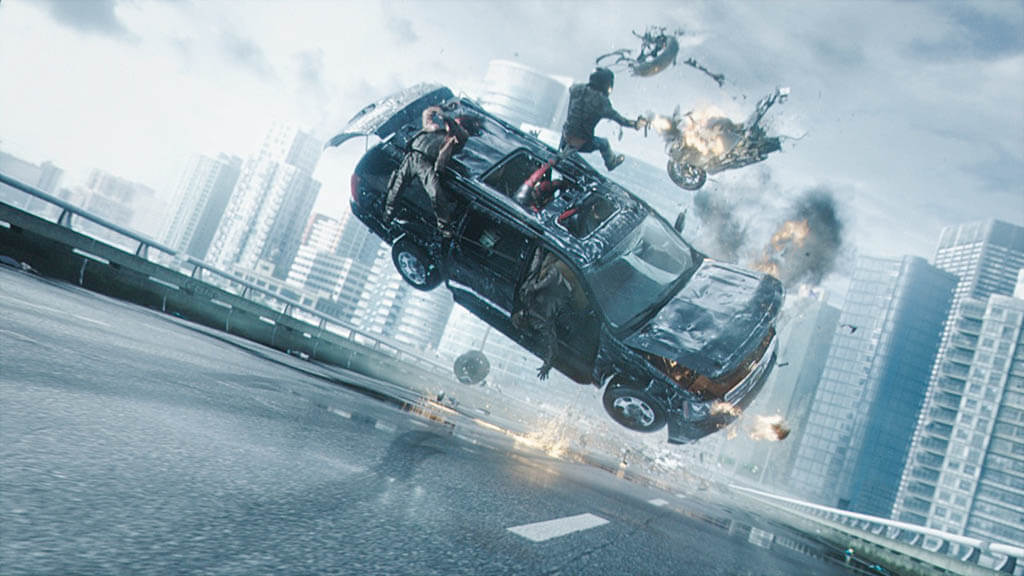 A previs version of a shot from the opening credits for Deadpool, as crafted by Blur Studio, and the final opening credits shot. (Images courtesy of 20th Century Fox)