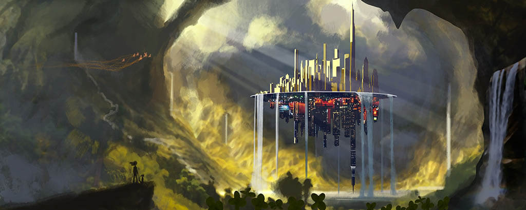 Fred Warter imagined the Land of Luck as being like a coin with two cities that mirror each other on either side.