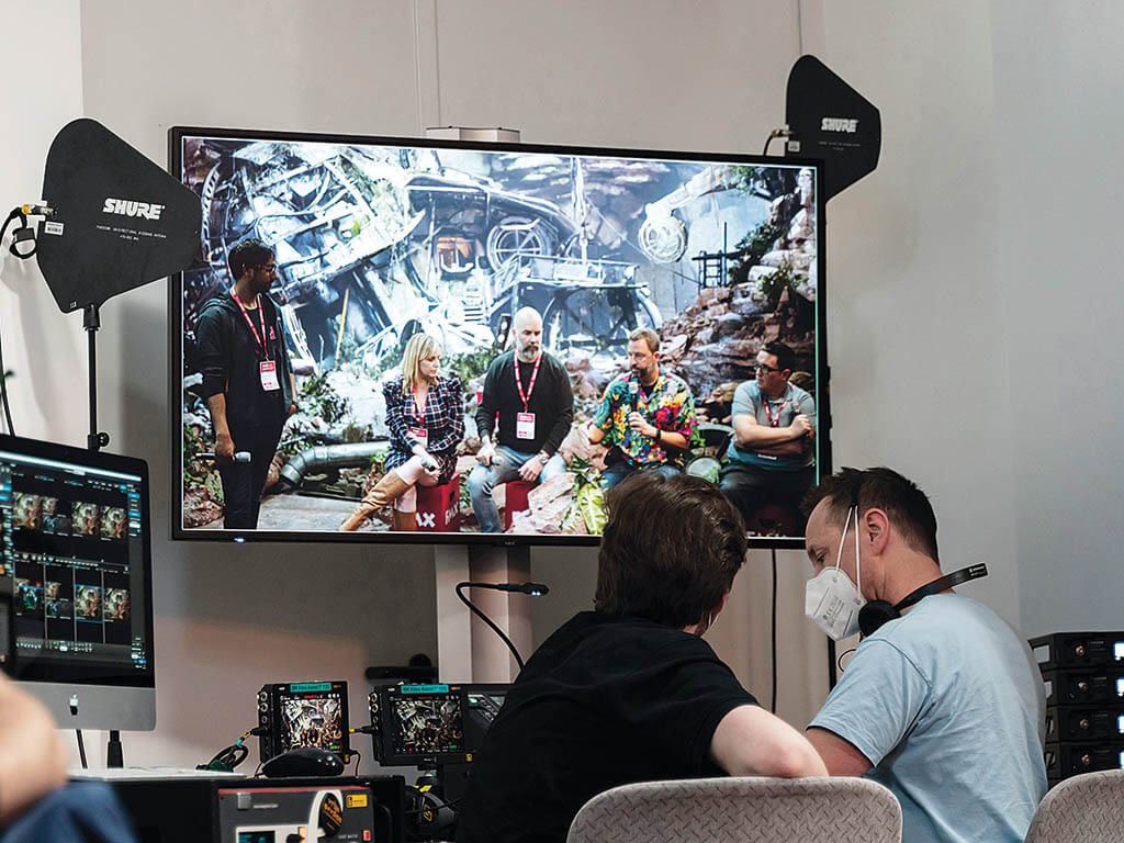 Behind the scenes of a fireside chat onthe Virtual Production Stage at FMX 2022 with, from left: Hasraf ‘HaZ’ Dulull, HaZimation; Shelley Smith, DNEG Animation; Mikko Matikainen, The Mill; Paul Debevec, Netflix; and David Sheldon-Hicks, Territory Studios. (Image courtesy of Dominique Brewing)