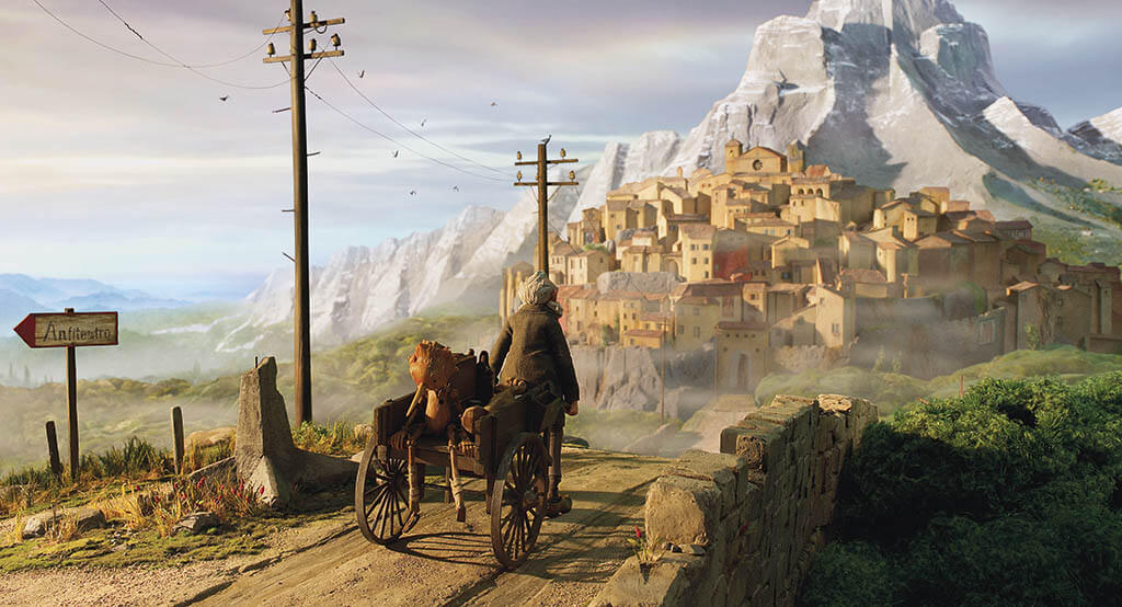 ABOVE THREE: A color study of the village, set build and the final frame.