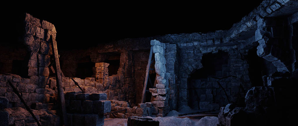 Before and after shots of a battle sequence in the Sunken City show the extent of Wētā FX's detailed design work in set extensions and effects animation.