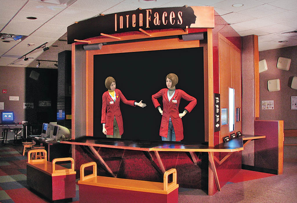 The NSF-funded Interfaces Exhibit at the Boston Museum of Science. Morie was an integral part of bringing these interactive virtual humans to life as twin guides to the museum.
