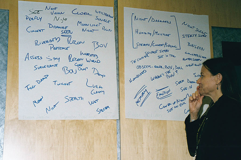 Morie contemplates the team brainstorming board for the VR environment Darkcon at the USC Institute for Creative Technologies, c. 2003