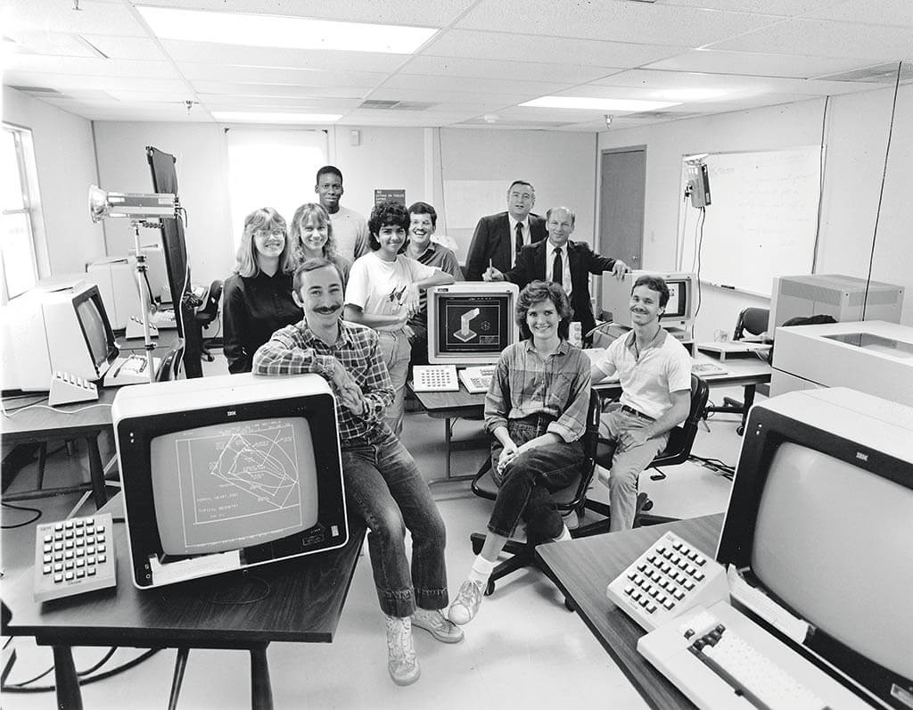 Morie and team at the University of Florida IBM CAD/CAM Grant Facility, Gainesville, Florida, 1985.