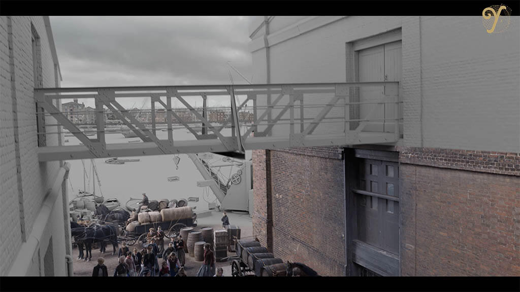 Workers outside the matchstick factory, with the fog over the Thames in the background. The Yard VFX worked hard to recreate old London, paying close attention to the architecture of the period.