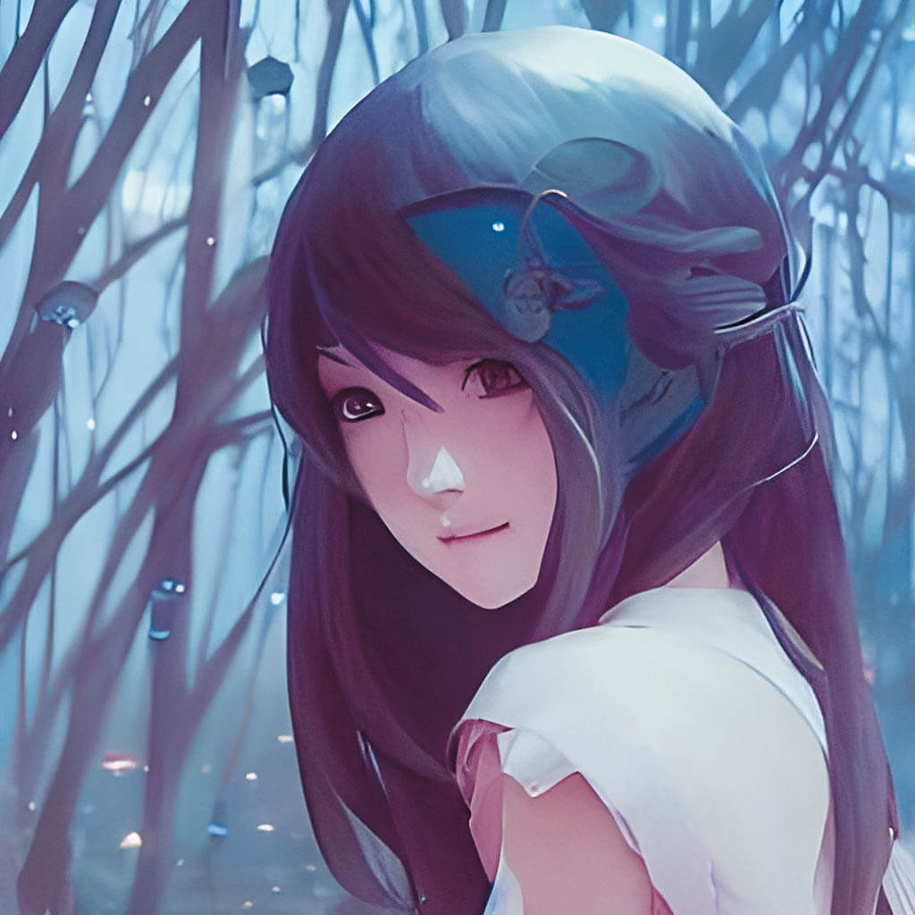 The following prompts were entered into AI Image Generator API by DeepAI: A girl in a white dress and a blue helmet, a detailed painting, by wlop, fantasy art, paint tool sai!! blue, [mystic, nier, detailed face of an asian girl, blueish moonlight, chloe price, female with long black hair, artificial intelligence princess, anime, soft lighting, old internet art.(Image courtesy of DeepAI) 