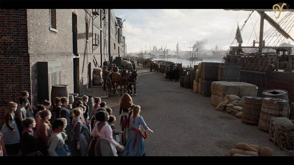 The Yard VFX decided to recreate everything to ease the connection between the CG environment and the water. Enola leads the crowd of workers along the South Bank.