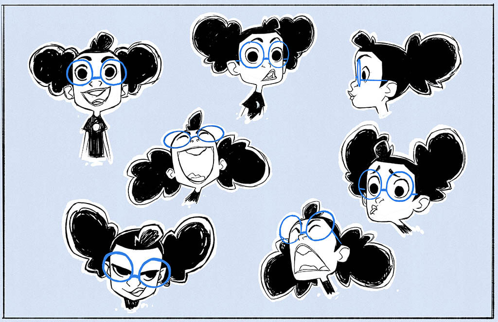 Rough drafts of the facial expressions of Lunella Layfayette. 