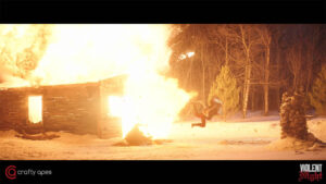 Crafty Apes’ responsibilities included buildings and environment extensions, and augmenting the cabin fire in the final act. 