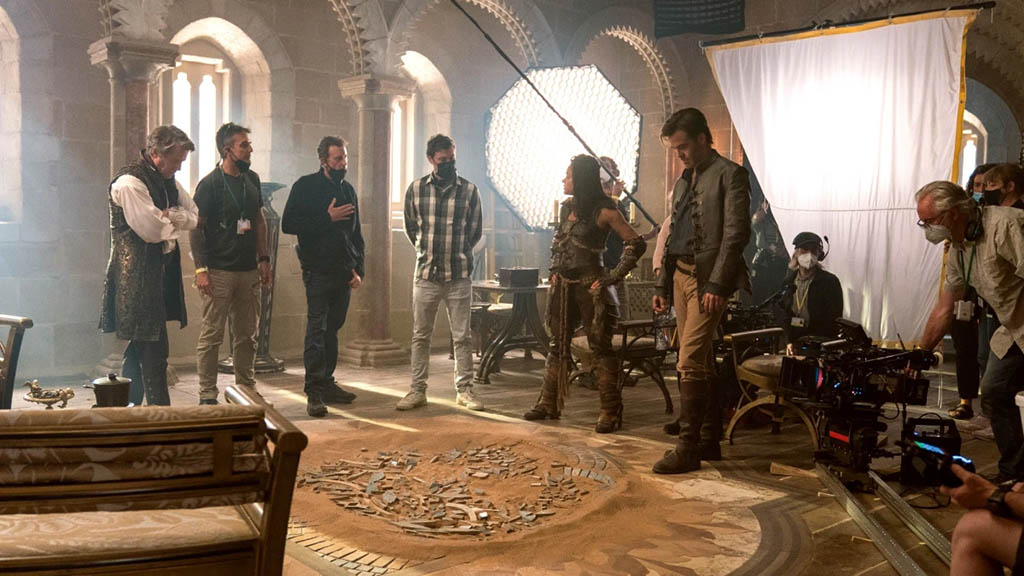 Cast and crew on the set of Dungeons and Dragons: Honor Among Thieves. At far left is Hugh Grant, who plays Forge Fitzwilliam the Rogue.