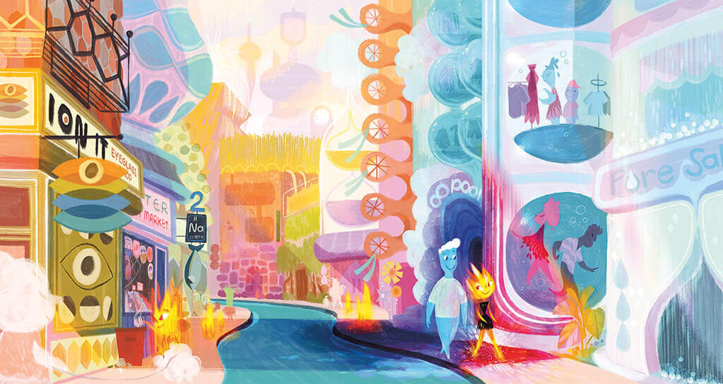 Concept art by Lauren Kawahara exploring the color and design for Element City as well as how the characters interact with the urban environment.