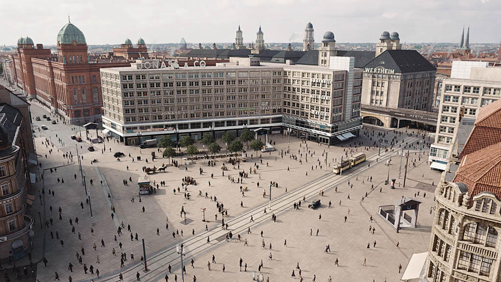 Alexanderplatz was rebuilt by RISE for Babylon Berlinbecause the tiled ground did not exist back in the 1930s. (Image courtesy of RISE) 