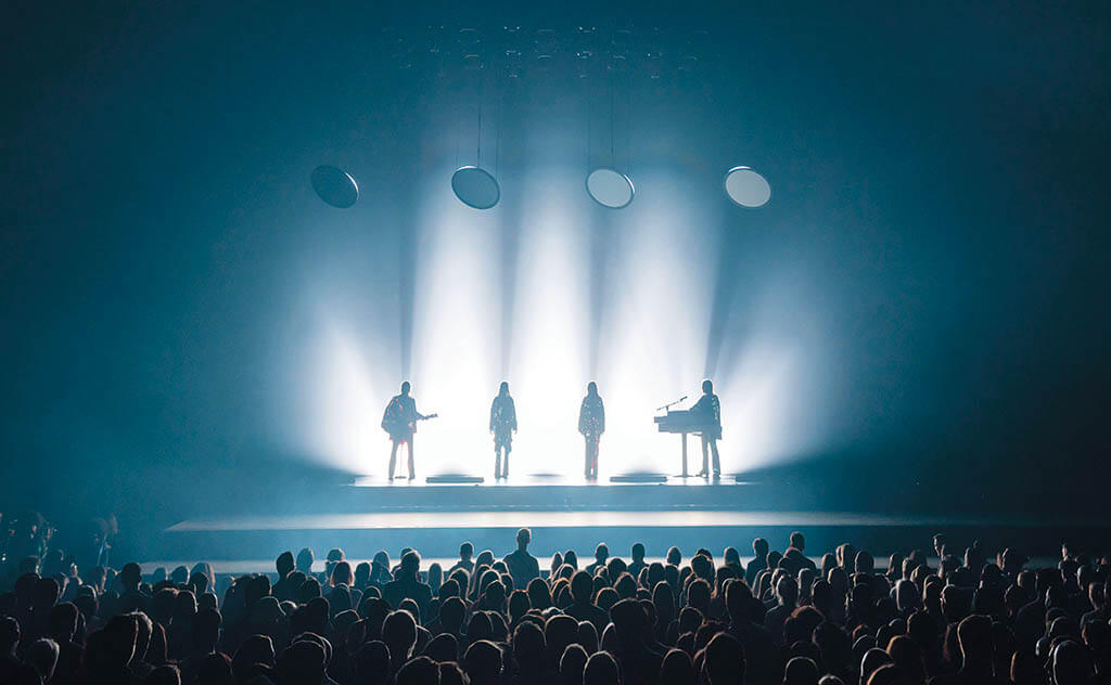 Silhouettes of Björn Ulvaeus, Benny Andersson, Anni-Frid Lyngstad and Agnetha Fältskog – whose virtual versions appear on huge screens in the purpose-built\ 3,000-capacity ABBA Arena in London. (Image courtesy of ILM and ABBA)