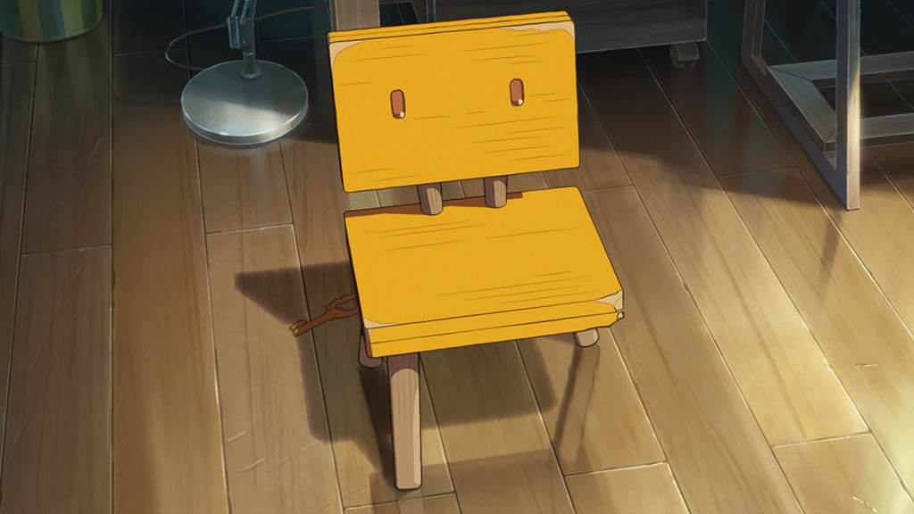 Initially, 2D rather than 3D animation was considered, but the latter better conveyed the idea that the soul of Souta has been trapped inside a rigid chair.