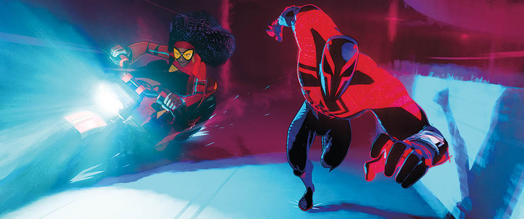 Taking part in the battle at the Guggenheim is the motorcycle-driving and pregnant Jessica Drew/Spider- Woman and anti-hero Miguel O’Hara/Spider-Man 2099.