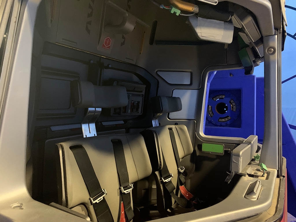 Inside the escape vessel cockpit, dressed and ready for filming. (Photo: Kevin Ishioka)