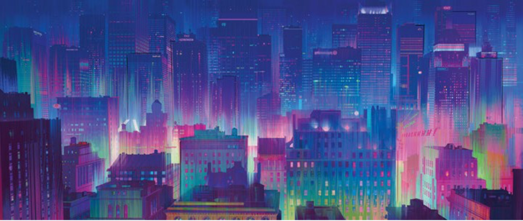 Concept art exploring what the watercolor skyline of Manhattan would look like on Earth 65, which happens to be the home world of Spider-Gwen.