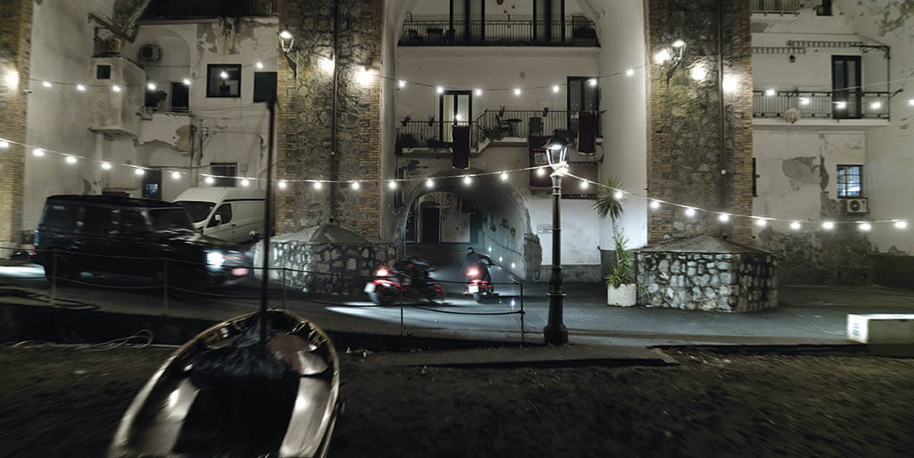 TOP: The stunt team carefully choreographed the fight sequences by shooting stuntvis to inform the final cinematic result. (Photo: Stefano Montesi)SECOND FROM TOP: The van crash was tricky to accomplish, as the necessary equipment had to be improvised and the walls of the church were considered to be historical, so they could not be damaged. (Photo: Stefano Montesi) BOTTOM THREE: Amongst the invisible visual effects work is the addition of CG vehicles to the plate photography. 