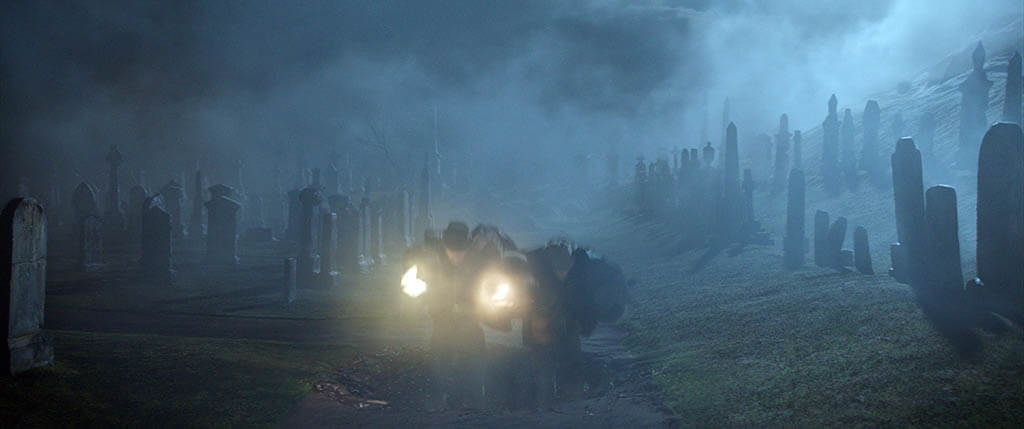 Characters were shot standing on greenscreen and then seamlessly added to a fully CG cemetery.