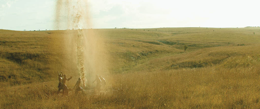 The oil geyser was achieved practically and inspired by an iconic cinematic moment in Giant, starring James Dean, Rock Hudson and Elizabeth Taylor