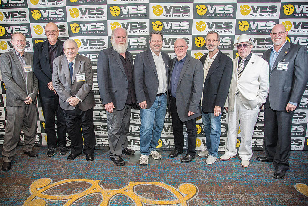 As VES Board Chair in 2017, Chambers spearheaded the establishment of the VES Hall of Fame. Pictured here are some members of the inaugural class of the VES Hall of Fame. From left to right:Brian Henson (on behalf of his father Jim Henson), Dennis Muren, VES, Bob Burns III, Phil Tippett, VES, John Knoll, Doug Trumbull, VES, Ed Catmull, VES, Syd Mead and Mike Chambers, VES. (Photo courtesy of the VES) 