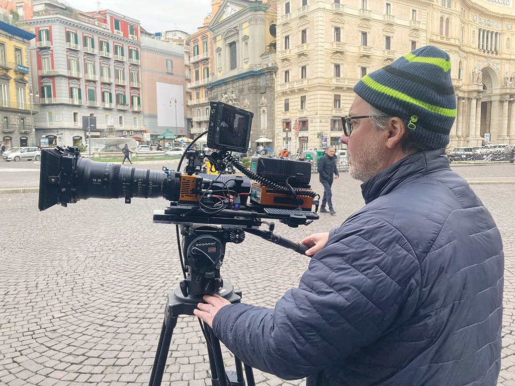 VFX Producer/VFX Supervisor James McQuaide shoots background plates with the ACHTEL camera for the Naples car explosion scene.