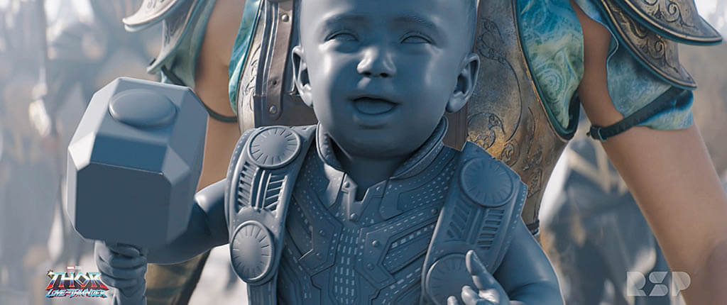 TOP TO BOTTOM: Rising Sun Pictures’ machine learning incorporated data from a “learned library of reference material” to help create Baby Thor for Thor: Love and Thunder. An early adopter of AI, RSP used machine learning to give the baby and uncannily lifelike quality while exhibiting behaviors required by the script. (Images courtesy of Marvel Studios) 