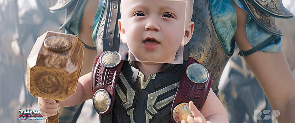 TOP TO BOTTOM: Rising Sun Pictures’ machine learning incorporated data from a “learned library of reference material” to help create Baby Thor for Thor: Love and Thunder. An early adopter of AI, RSP used machine learning to give the baby and uncannily lifelike quality while exhibiting behaviors required by the script. (Images courtesy of Marvel Studios) 