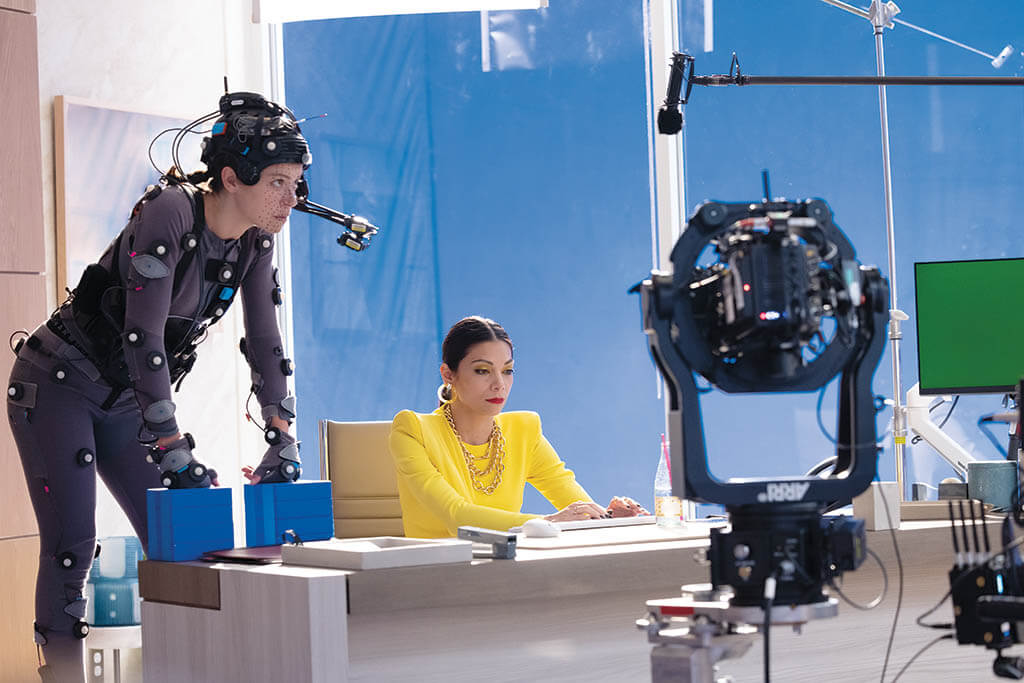 MIDDLE LEFT: Motion capture was helpful to the animation process in quickly shaping and blocking out the performance in She-Hulk, while two head-mounted cameras provided facial capture footage. (Image courtesy of Marvel Studios) MIDDLE RIGHT AND BOTTOM: Maintaining the animation style for She-Hulk was made easier by the performance provided by Tatiana Maslany. (Images courtesy of Marvel Studios) 