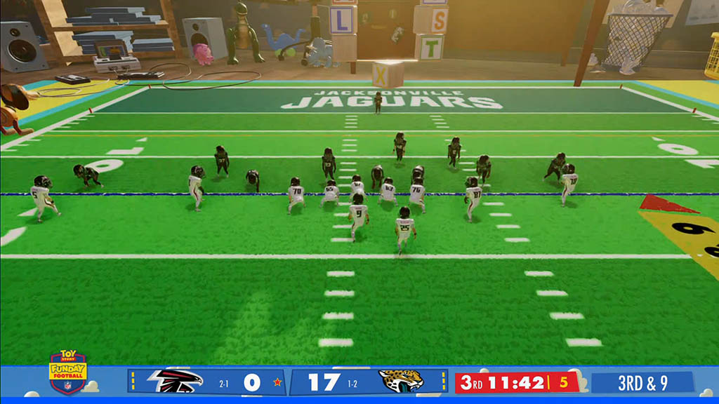 With the Atlanta Falcons and Jacksonville Jaguars players in formation, fan-favorite Toy Story characters can be seen watching the action.