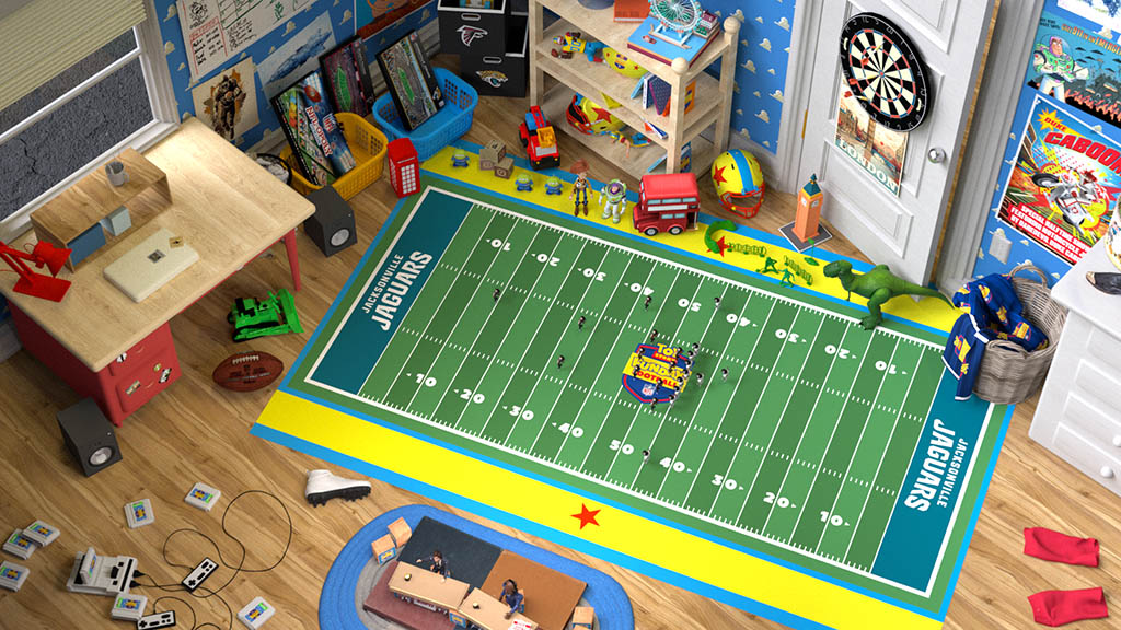 ESPN Creative Studio rendered the “stadium” for “Toy Story Funday Football,” placing the action on the floor of Andy’s Room, the setting of the first three Toy Story movies.