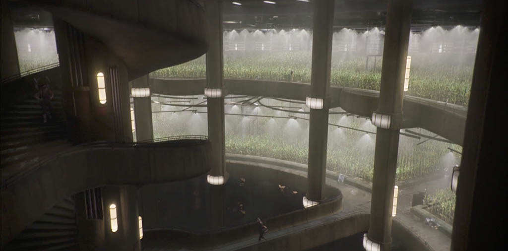 Grayscale models and previs showing the level devoted to growing crops for the inhabitants living in the silo.