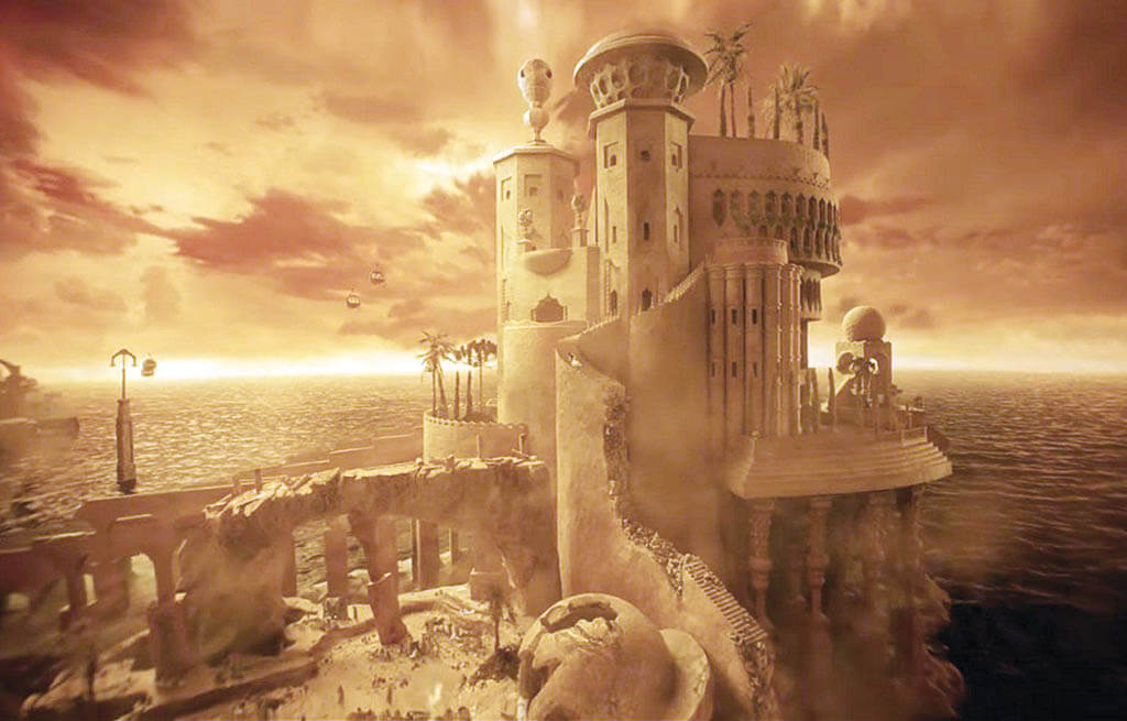 A phantasmagorical building with staircase, bathed in an orange hue, with the LED sea behind. Each set had a significant VFX component that was merged into the overall design and palette of the sets to create the worlds of the film.