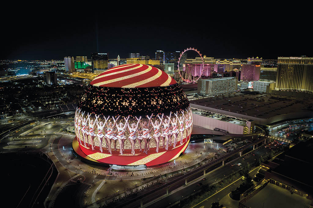 The newestaddition to the Greater Las Vegas skyline is the 366-foot-tall Sphere. Its exosphere, the exterior shell of Sphere, has 580,000 square feet of LED panels that morph into all types of images. Sphere’s images range from a giant eyeball and leaf-like color bursts to an architectural lattice and a vivid moon. The Rockettes’ kicking and dancing also fill the Sphere and seem particularly well-suited to light up a Las Vegas night. (Photos courtesy of Sphere Entertainment) 