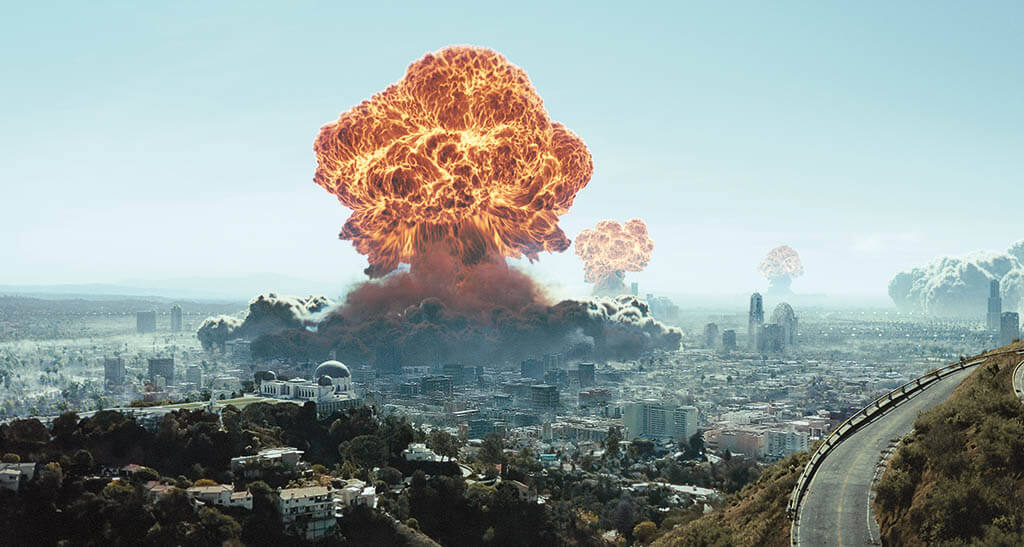 VFX Supervisor Jay Worth and the team at RISE FX were responsible for creating the nuclear explosion in Los Angeles. CG buildings were added between real buildings to create a retro-futuristic L.A.