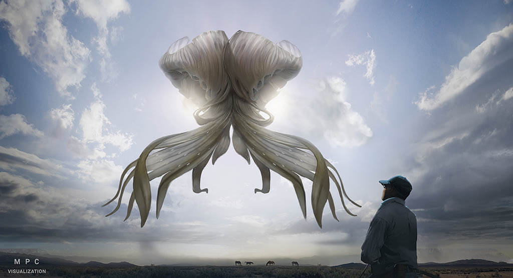 The creature in Nope appears in the clouds, which meant that in addition to character design, Art Director Léandre Legrange and other artists at MPC also designed every sky for the movie in order to control their mood. (Images courtesy of Universal Pictures)