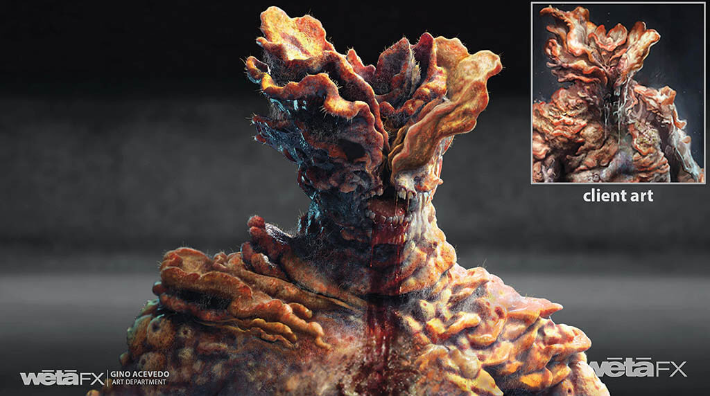 Artists at Wētā FX needed to learn about a particular type of fungi to create Bloater for the HBO series The Last of Us. Gino Acevedo, Max Telfer, Pascal Raimbault and Fabio Leporelli received a 2024 VES Award for their work. (Images courtesy of Wētā FX and HBO)
