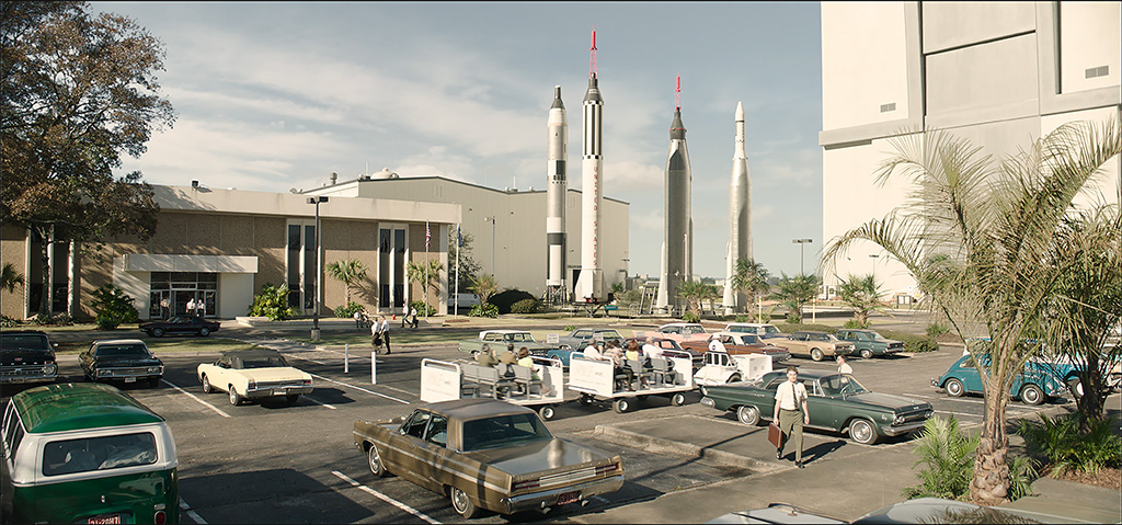 NASA headquarters in Fly Me to the Moon. There are many CG cars in the film due to the limited availability of brand-new-looking cars from 1969.